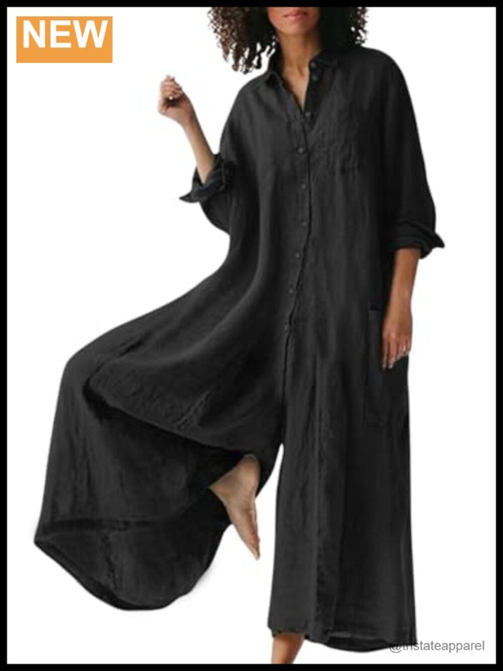 Linen Button Down Wide Leg Jumpsuit Long Sleeve Palazzo One Piece